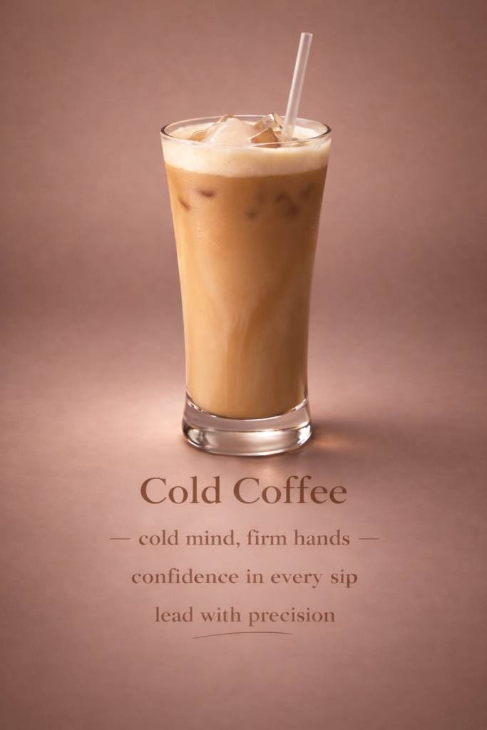 A tall glass of cold coffee with ice cubes and a straw, placed against a soft muted brown background.