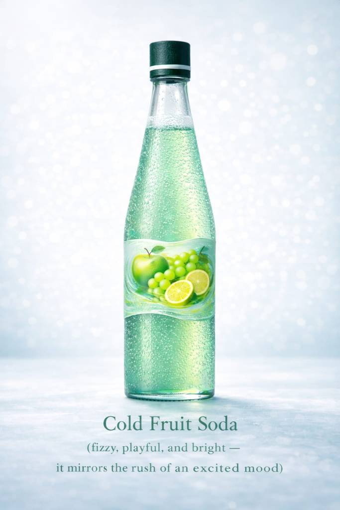 A green glass bottle of cold fruit soda with condensation droplets and a fruit label, placed against a soft light blue background.