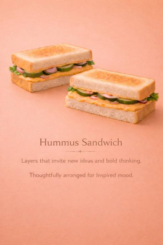 Two hummus sandwiches with sliced vegetables placed against a soft peach background.