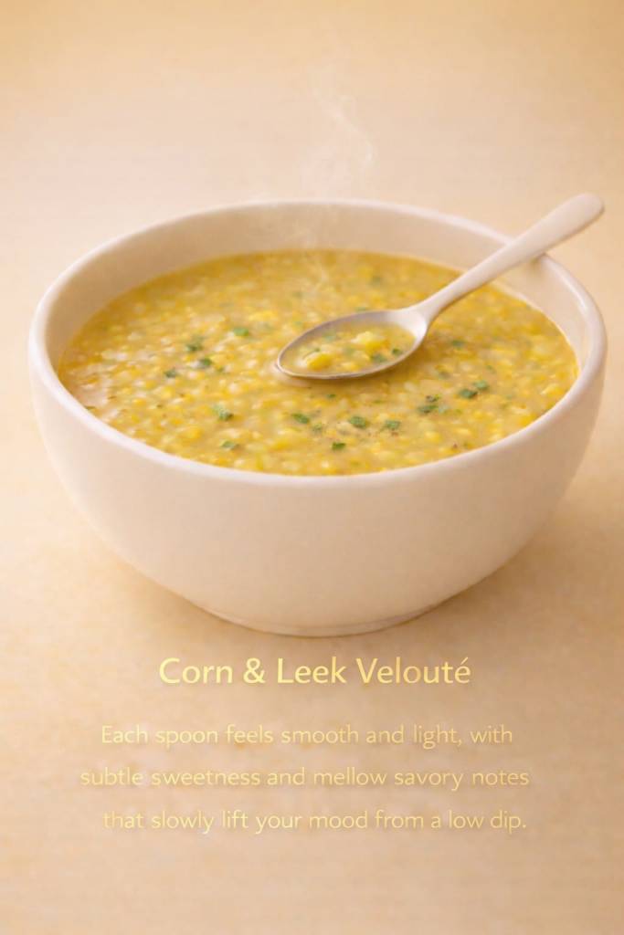 A white bowl of corn and leek soup with a spoon, placed against a soft beige background.