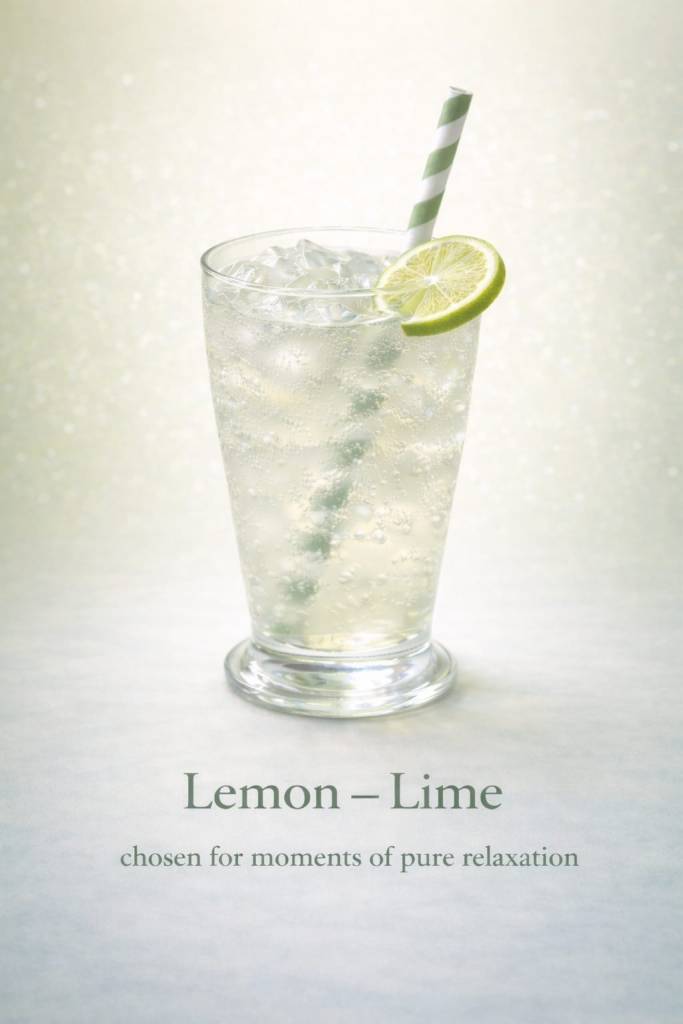 A tall clear glass of lemon-lime drink with ice cubes, a green striped straw, and a thin lime slice on the rim against a soft pale green background.