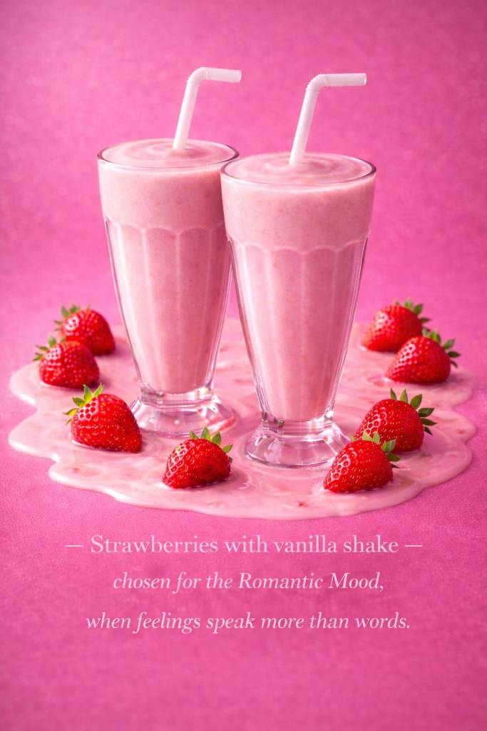 Two tall glasses of strawberry and vanilla shake with white straws, surrounded by fresh strawberries on a pink background.