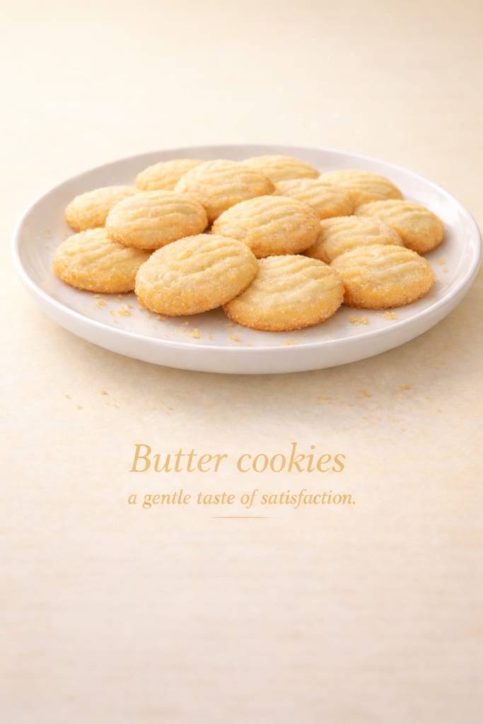 A white plate filled with butter cookies, placed against a soft beige background.