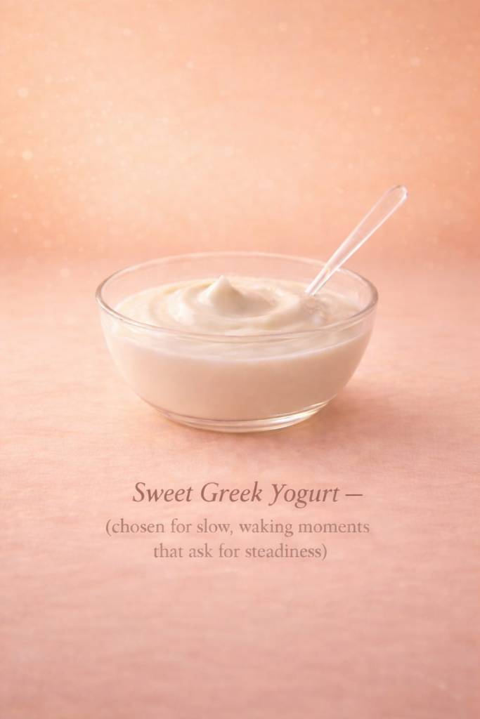 A glass bowl of sweet Greek yogurt with a spoon, placed against a soft peach background.